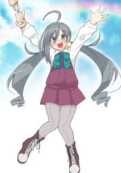 Rule 34 | 1girl, absurdres, ahoge, arms up, blue sky, boots, bow, bowtie, cloud, commentary request, cross-laced footwear, dokuganryuu, dress, grey eyes, grey hair, grey pantyhose, hair between eyes, hair bun, halterneck, highres, kantai collection, kiyoshimo (kancolle), lace-up boots, long hair, low twintails, one-hour drawing challenge, open mouth, pantyhose, round teeth, school uniform, shirt, single hair bun, sky, sleeveless, sleeveless dress, smile, solo, teeth, twintails, umbrella, upper teeth only, very long hair, white shirt