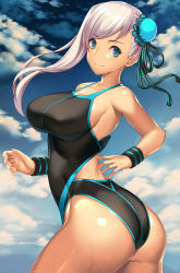 Rule 34 | 1girl, ass, asymmetrical hair, bare shoulders, black one-piece swimsuit, black wristband, blue eyes, blue one-piece swimsuit, blue sky, breasts, bun cover, closed mouth, collarbone, competition swimsuit, fate/grand order, fate (series), hair bun, hair ribbon, highres, large breasts, long hair, looking at viewer, miyamoto musashi (fate), miyamoto musashi (fate/grand order), miyamoto musashi (swimsuit berserker) (fate), miyamoto musashi (swimsuit berserker) (first ascension) (fate), multicolored clothes, multicolored swimsuit, one-piece swimsuit, photoshop (medium), pink hair, ribbon, side bun, single hair bun, single side bun, sky, smile, swept bangs, swimsuit, takanashi-a, wet