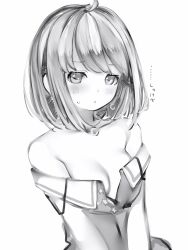 Rule 34 | 1girl, bare shoulders, blush, breasts, closed mouth, dress, earrings, embarrassed, greyscale, highres, himemori luna, himemori luna (sundress), hololive, jewelry, looking at viewer, medium breasts, medium hair, monochrome, nanashi (nlo), no bra, off-shoulder dress, off shoulder, simple background, solo, sweatdrop, upper body, virtual youtuber, white background