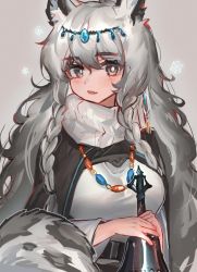 Rule 34 | 1girl, animal ears, arknights, bell, braid, breasts, bright pupils, circlet, dress, fang, grey background, grey dress, grey eyes, highres, jewelry, kaguura (kagu), large breasts, leopard ears, leopard tail, long hair, long sleeves, looking at viewer, necklace, open mouth, pramanix (arknights), silver hair, simple background, skin fang, snowflakes, solo, tail, turtleneck, turtleneck dress, twin braids, upper body, very long hair