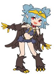 Rule 34 | 1girl, absurdres, bird legs, black feathers, black wings, claws, fang, feathers, flat chest, harpy, highres, indie virtual youtuber, lincoro, midriff, monster girl, navel, open mouth, pointy ears, red eyes, rosia san, short hair, short twintails, simple background, skin fang, solo, talons, tiara, twintails, virtual youtuber, white background, winged arms, wings