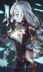 Rule 34 | 1girl, absurdres, black background, braid, breast curtain, breasts, bridal gauntlets, card, commentary, covered navel, genshin impact, gradient background, grey hair, highres, hip vent, holding, holding card, long hair, looking at viewer, low-braided long hair, low-tied long hair, medium breasts, shedar, shenhe (genshin impact), standing, white eyes