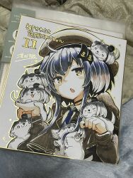 Rule 34 | 1girl, animal, animalization, beret, blue hair, blue necktie, brown hat, brown jacket, collared shirt, commentary request, dog, hands up, hat, highres, jacket, kantai collection, long hair, long sleeves, looking at viewer, multicolored hair, necktie, nijou katame, open mouth, orange eyes, photo (medium), puffy long sleeves, puffy sleeves, shikishi, shirt, short eyebrows, solo, thick eyebrows, tokitsukaze (kancolle), traditional media, translation request, two-tone hair, white hair, white shirt