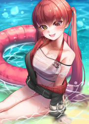 Rule 34 | 1girl, :d, amemiya arikapu, arm support, bad id, bad pixiv id, bare shoulders, bikini, bikini under clothes, black jacket, blush, breasts, collarbone, commentary request, crop top, fang, head tilt, heterochromia, highres, hololive, houshou marine, houshou marine (summer), innertube, jacket, large breasts, long hair, looking at viewer, midriff, off-shoulder shirt, off shoulder, official alternate costume, open mouth, red bikini, red eyes, red hair, see-through, shirt, short sleeves, sitting, smile, solo, stomach, swim ring, swimsuit, thighs, twintails, very long hair, virtual youtuber, water, wet, wet clothes, wet shirt, white shirt, yellow eyes