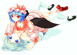 Rule 34 | 2girls, bad id, bad pixiv id, bare shoulders, bat wings, blue eyes, blue hair, bonnet, collarbone, colored eyelashes, downblouse, eyelashes, female focus, flat chest, girl on top, holding hands, interlocked fingers, izayoi sakuya, looking at viewer, looking up, lying, mary janes, multiple girls, open clothes, open shirt, red eyes, remilia scarlet, shirota dai, shirt, shoes, short hair, silver hair, simple background, thighhighs, touhou, undressing, wings, yuri