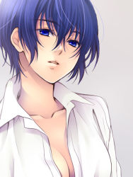 Rule 34 | 1girl, atlus, blue eyes, blue hair, breasts, cleavage, iwatsuki, matching hair/eyes, open clothes, open shirt, persona, persona 4, shirogane naoto, shirt, short hair, solo, upper body