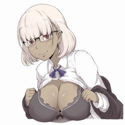 Rule 34 | 1girl, black sweater, blue ribbon, blunt bangs, bob cut, bow, bow bra, bra, breasts, brown bra, brown eyes, cleavage, collared shirt, commentary request, dark-skinned female, dark skin, frilled bra, frills, ina (gokihoihoi), large breasts, leaning forward, long sleeves, looking at viewer, neck ribbon, off shoulder, open clothes, open shirt, original, over-rim eyewear, rectangular eyewear, ribbon, semi-rimless eyewear, shirt, silver hair, simple background, solo, sweater, underwear, white background