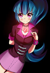 Rule 34 | 1girl, arm behind back, black background, black neckwear, blue hair, blush, bracelet, caibao return, closed mouth, collarbone, cowboy shot, eyelashes, gem, glowing, jewelry, looking at viewer, my little pony, my little pony: equestria girls, my little pony: friendship is magic, personification, pink eyes, pink skirt, ponytail, short sleeves, simple background, skirt, sleeve cuffs, smile, solo, sonata dusk, spiked bracelet, spikes, standing, thigh gap