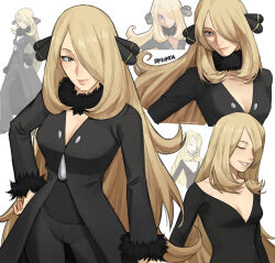 Rule 34 | 1girl, arm at side, artist name, black coat, black pants, black shirt, blonde hair, breasts, breikka, closed eyes, closed mouth, coat, collarbone, commentary, cowboy shot, creatures (company), cynthia (pokemon), detached collar, english commentary, fur-trimmed sleeves, fur collar, fur trim, game freak, grey eyes, hair ornament, hair over one eye, hand on own hip, lips, long hair, long sleeves, looking at viewer, looking to the side, medium breasts, multiple views, nintendo, official art inset, pants, pokemon, pokemon dppt, shirt, simple background, smile, upper body, v-neck, very long hair, white background