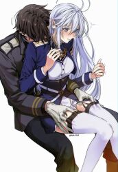 Rule 34 | 1boy, 1girl, 86 -eightysix-, ^^^, antenna hair, belt, black jacket, black pants, blue jacket, blush, brown hair, closed mouth, cropped jacket, feet out of frame, garter straps, gloves, grey eyes, grey gloves, grey hair, hair between eyes, hand in thighhighs, hand on another&#039;s thigh, hands up, high-waist skirt, high collar, highres, invisible chair, jacket, leaning on person, long hair, m m pb, military, military jacket, military uniform, nose blush, o-ring, o-ring belt, pants, shinei nouzen, sidelocks, simple background, sitting, sitting on person, skirt, surprised, thighhighs, trembling, twitter username, uniform, vladilena millize, white background, white belt, white thighhighs