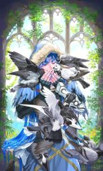Rule 34 | 1boy, animal, bird, blue hair, bracelet, capelet, cu chulainn (fate), cu chulainn (caster) (fate), fate/grand order, fate (series), fur-trimmed hood, fur trim, hood, hood up, hooded capelet, jewelry, cu chulainn (fate/stay night), logosles, long hair, male focus, open mouth, pigeon, red eyes, smile, solo, type-moon, vambraces, very long hair