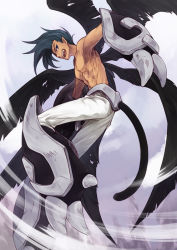 Rule 34 | 1990s (style), 1boy, armpits, bad id, bad pixiv id, black hair, blue eyes, fangs, from below, houshin engi, male focus, open mouth, pectorals, pointy ears, raishinshi, retro artstyle, solo, tail, topless male, utsugi (skydream), wings