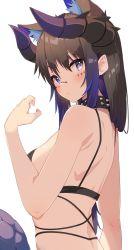 Rule 34 | 1girl, absurdres, animal ear fluff, animal ears, back, bare arms, bare shoulders, blue eyes, blue hair, blush, bra, bra strap, breasts, brown hair, cat ears, collar, commentary request, dragon girl, dragon horns, dragon tail, facial mark, gradient hair, grey eyes, hand up, heterochromia, highres, horns, jun (aousa0328), kemonomimi mode, long hair, looking at viewer, medium breasts, multicolored hair, original, qynoa, sideboob, sidelocks, simple background, solo, spiked collar, spikes, tail, two-tone hair, underwear, upper body, vrchat, white background