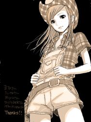 Rule 34 | 1girl, bad drawr id, bad id, bare arms, belt, black background, black eyes, character request, closed mouth, copyright request, cowboy hat, cowboy shot, freckles, hat, kokudou juunigou, long hair, looking at viewer, monochrome, oekaki, overalls, plaid, shirt, shorts, simple background, solo, thank you, thighs, translation request