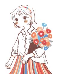 Rule 34 | 1girl, arm at side, black eyes, blue flower, blue skirt, blush stickers, bouquet, closed mouth, collared shirt, cowboy shot, flower, high-waist skirt, highres, holding, holding bouquet, hugging object, humi natsu, long sleeves, looking ahead, multicolored clothes, multicolored skirt, orange flower, orange skirt, original, red flower, red skirt, shirt, shirt tucked in, short hair, sidelocks, simple background, skirt, smile, solo, white background, white hair, white shirt, white skirt, wispy bangs
