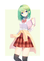 Rule 34 | 1girl, black thighhighs, blue eyes, blush, bow, bowtie, cardigan, cardigan around waist, clothes around waist, collared shirt, commentary request, dress shirt, green hair, hair between eyes, hair ornament, hairpin, highres, holding, holding notebook, long sleeves, looking away, notebook, original, over-kneehighs, plaid, plaid skirt, pleated skirt, red bow, red bowtie, red skirt, school uniform, shirai tanuki, shirt, skirt, sleeves rolled up, solo, striped bow, striped bowtie, striped clothes, striped neckwear, takeda emi, thighhighs, two-tone background, white shirt, wristband, yellow cardigan