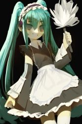 Rule 34 | 1girl, aqua hair, black background, black dress, collared dress, commentary, cowboy shot, detached sleeves, dress, dutch angle, english commentary, flat chest, frilled dress, frills, grey eyes, grin, hair between eyes, hand up, hatsune miku, highres, holding, long hair, looking at viewer, maid, maid headdress, open mouth, short dress, short eyebrows, sidelocks, simple background, smile, solo, topdylan, twintails, very long hair, vocaloid