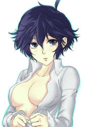 Rule 34 | 1girl, atlus, blue eyes, blue hair, breasts, cleavage, dress shirt, highres, looking at viewer, matching hair/eyes, no bra, open clothes, open shirt, persona, persona 4, shirogane naoto, shirt, short hair, simple background, solo, suta furachina, upper body
