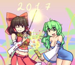 Rule 34 | 2017, 2girls, :d, adapted costume, bare shoulders, bow, breasts, brown eyes, brown hair, cleavage, detached sleeves, fireworks, fur trim, green eyes, green hair, grin, groin, hair bow, hair tubes, hakurei reimu, hater (hatater), kochiya sanae, large breasts, looking at viewer, midriff, multiple girls, new year, one eye closed, open mouth, ribbon-trimmed sleeves, ribbon trim, scarf, skirt, smile, sparkler, touhou
