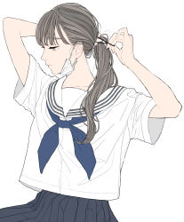 Rule 34 | 1girl, absurdres, arms up, black skirt, blouse, blue neckerchief, collarbone, grey eyes, grey hair, highres, keiko (um7mr1), long hair, looking to the side, mask, mouth mask, neckerchief, original, pleated skirt, ponytail, sailor collar, school uniform, serafuku, shirt, simple background, skirt, solo, surgical mask, tying hair, upper body, white background, white shirt