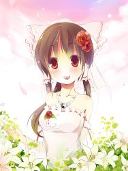 Rule 34 | 1girl, bad id, bad pixiv id, bow, brown hair, detached sleeves, dress, female focus, flower, hair bow, hair flower, hair ornament, hakurei reimu, japanese clothes, lily (flower), miko, red eyes, red flower, red rose, rose, short hair, solo, sunyukun, touhou, wedding dress