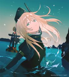 Rule 34 | 1girl, blue eyes, blue sky, buoy, closed mouth, commentary, cropped jacket, english commentary, garrison cap, hair between eyes, hat, headgear, horizon, kantai collection, kirihota, long hair, long sleeves, looking at viewer, military, military uniform, ocean, outdoors, pale skin, pantyhose, partially submerged, puffy long sleeves, puffy sleeves, sky, solo, splashing, swimsuit, swimsuit under clothes, thighhighs, twitter username, u-511 (kancolle), uniform, water, water drop, white hair