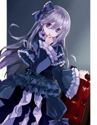 Rule 34 | 1girl, absurdres, black bow, blank stare, bow, capelet, chair, cowboy shot, dress, dress bow, duel monster, frilled bow, frilled capelet, frilled dress, frilled sleeves, frills, ghost belle &amp; haunted mansion, gothic lolita, highres, lolita fashion, long hair, long sleeves, purple eyes, purple hair, solo, surphase, yu-gi-oh!