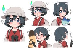 Rule 34 | :3, ?, animal ears, backpack, bag, black hair, blue eyes, blush, cat ears, cat girl, cat tail, commentary request, extra ears, closed eyes, fang, hat feather, heart, helmet, highres, kaban (kemono friends), kemono friends, kemonomimi mode, lucky beast (kemono friends), multiple views, no headwear, pith helmet, ransusan, red shirt, shirt, short hair, short sleeves, t-shirt, tail, translation request, v