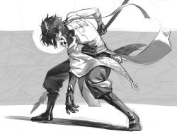 Rule 34 | 1boy, 4x3 boom, arm guards, bare shoulders, bent over, closed mouth, detached sleeves, genshin impact, greyscale, highres, holding, holding polearm, holding spear, holding weapon, long hair, looking at viewer, male focus, monochrome, one eye covered, polearm, shoulder pads, shoulder spikes, simple background, sleeveless, slit pupils, solo, spear, spikes, weapon, xiao (genshin impact)