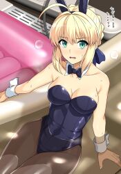 Rule 34 | 1girl, ahoge, alternate costume, animal ears, artoria pendragon (all), artoria pendragon (fate), bare shoulders, black bow, black bowtie, black leotard, blonde hair, bow, bowtie, braid, braided bun, breasts, brown pantyhose, cleavage, collarbone, commentary request, detached collar, fake animal ears, fate/stay night, fate (series), green eyes, hair bun, haruhisky, highres, large breasts, leotard, looking at viewer, pantyhose, parted lips, partially submerged, playboy bunny, rabbit ears, saber (fate), single hair bun, sitting, soapland, solo, sweat, water, wrist cuffs