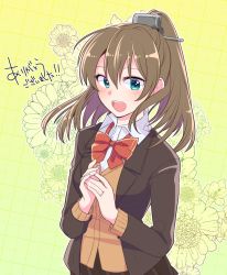 Rule 34 | 1girl, :d, blue eyes, blush, bow, bowtie, brown hair, brown jacket, brown skirt, cardigan, collared shirt, commentary request, hair between eyes, hair ornament, highres, jacket, jewelry, kantai collection, kumano (kancolle), long sleeves, open clothes, open jacket, open mouth, pleated skirt, ponytail, red bow, red bowtie, ring, shirt, skirt, smile, solo, translation request, wedding band, white shirt, wing collar, yami (m31)