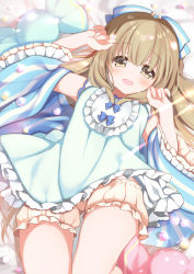 Rule 34 | 1girl, ame usari, bad id, bad pixiv id, bed, blue bow, blush, bow, brown eyes, brown hair, candy, commentary, detached sleeves, food, hair bow, hair ornament, highres, idolmaster, idolmaster cinderella girls, japanese clothes, long hair, looking at viewer, open mouth, pajamas, sleepwear, smile, solo, thighs, yorita yoshino