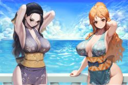 Rule 34 | 2girls, arm support, armpits, arms up, bare shoulders, black hair, blue dress, blue eyes, blue sky, breasts, brown eyes, cleavage, closed mouth, cloud, dress, hair slicked back, high ponytail, japanese clothes, kimono, large breasts, letdie1414, long hair, multiple girls, nami (one piece), nico robin, obi, ocean, one piece, orange hair, outdoors, pelvic curtain, purple dress, railing, revealing clothes, sash, single sidelock, sky, sleeveless, sleeveless kimono, smile, thighs, water