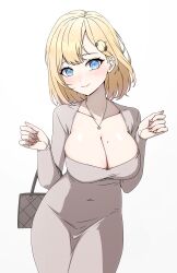 Rule 34 | 1girl, absurdres, alternate costume, bag, blonde hair, blue eyes, breasts, bubba (watson amelia), cleavage, closed mouth, daydarion, dongtan dress, hair ornament, handbag, hands up, highres, hololive, hololive english, jewelry, large breasts, looking at viewer, meme attire, mole, mole on breast, necklace, pendant, simple background, solo, sweat, virtual youtuber, watson amelia, white background