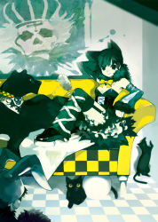 Rule 34 | 1girl, animal, animal ears, bad id, bad pixiv id, black eyes, black hair, black panther, bow, cat, checkered floor, couch, detached sleeves, floor, highres, larhen, original, panther, short hair, solo, yellow upholstery