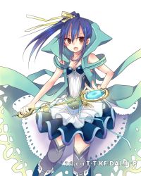 Rule 34 | 1girl, aqua cape, blue dress, blue footwear, blue hair, blush, breasts, brown eyes, cape, cleavage, date a live, dress, floating hair, grey thighhighs, hair between eyes, hair ribbon, hibiki mio, holding, holding staff, hood, jewelry, layered dress, long hair, magical girl, necklace, open mouth, ribbon, short dress, side ponytail, sleeveless, sleeveless dress, small breasts, smile, solo, staff, standing, strapless, strapless dress, takamiya mana, thighhighs, white background, yellow ribbon