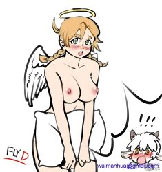 Rule 34 | !, !!, 1boy, 1girl, absurdres, all saints street, angel wings, artist name, blonde hair, blush, braid, breasts, cleavage, completely nude, cowboy shot, feathered wings, flyingduck, freckles, green eyes, highres, lily angel, long hair, looking at viewer, medium breasts, neil bowman, nipples, nude, open mouth, solo focus, third-party edit, third-party source, third-party watermark, twin braids, white wings, wings, yellow eyes