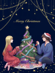 Rule 34 | 1boy, 1girl, absurdres, angel (drag-on dragoon), blonde hair, blue background, blue eyes, blue shirt, blue socks, brown hair, caim (drag-on dragoon), christmas, christmas tree, drag-on dragoon, gradient hair, hat, highres, indian style, long hair, merry christmas, multicolored hair, parted lips, personification, pink socks, red hair, saki814, santa hat, shirt, short hair, sitting, socks, yellow eyes, yokozuwari