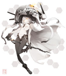 Rule 34 | 10s, 1girl, abyssal ship, black legwear, bodysuit, cane, cape, colored skin, full body, glowing, hat, kantai collection, long hair, nine (liuyuhao1992), solo, teeth, tentacles, turret, white skin, wo-class aircraft carrier, yellow eyes