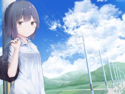 Rule 34 | 1girl, absurdres, bag, blue sky, blush, breasts, brown eyes, brown hair, closed mouth, cloud, cloudy sky, collared shirt, commentary request, day, fingernails, hair between eyes, hand up, highres, looking at viewer, mountain, original, outdoors, power lines, school bag, shirt, short sleeves, sky, small breasts, solo, summer, tateishi kureha, twitter username, utility pole, white shirt