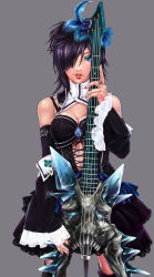 Rule 34 | 1girl, bass guitar, blue eyes, capcom, detached sleeves, dress, hair ornament, hair over one eye, hunting horn, instrument, jewelry, monster hunter (series), nail polish, pandaz, pink nails, purple hair, ring, simple background, solo