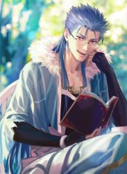 Rule 34 | 1boy, blue hair, book, cape, cu chulainn (fate), cu chulainn (caster) (fate), fate/grand order, fate (series), fingerless gloves, glasses, gloves, cu chulainn (fate/stay night), long hair, looking at viewer, male focus, open mouth, red eyes, smile, solo, suda ayaka