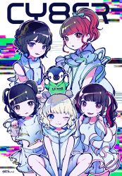 Rule 34 | 5girls, :3, animification, bare shoulders, between legs, bird, black hair, blonde hair, blue eyes, blunt bangs, brown eyes, closed mouth, commentary request, cy8er, double bun, dress, everyone, fingers to cheeks, fujishiro anna, glitch, group name, group picture, hair bun, hand between legs, hands up, high collar, highres, ichigo rinahamu, idol clothes, jacket, kiato, knees apart feet together, koinumaru pochi, long hair, looking at viewer, mashiro (singer), midriff, multicolored hair, multiple girls, one eye closed, open mouth, paw pose, penguin, pink hair, ponytail, purple eyes, real life, red hair, short hair, sitting, skirt, sleeveless, sleeveless jacket, smile, standing, streaked hair, twintails, two side up, white dress, white jacket, white skirt, yamiyume yamii, yunomi (musician)