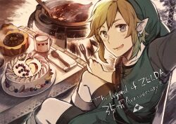Rule 34 | 1boy, anniversary, belt, black belt, brown hair, cookie, cooking pot, cup, earrings, food, fork, green hat, green tunic, grey eyes, hanokage, hat, heart, highres, holding, holding cup, holding fork, jewelry, link, looking back, male focus, nintendo, open mouth, outdoors, pointy ears, pumpkin, sitting, solo, spoon, sword, the legend of zelda, triforce, weapon, weapon on back