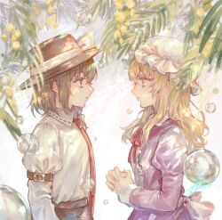 Rule 34 | 2girls, arm strap, black hat, blonde hair, brown hair, bubble, center frills, collared shirt, commentary request, dress, face-to-face, flower, frills, from side, gensou aporo, hat, hat ribbon, highres, juliet sleeves, long hair, long sleeves, looking at another, maribel hearn, mob cap, multiple girls, necktie, open mouth, own hands together, puffy sleeves, purple dress, red necktie, red ribbon, ribbon, shirt, short hair, signature, touhou, usami renko, white hat, white shirt, yellow flower