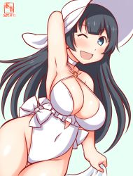 Rule 34 | 1girl, agano (kancolle), alternate costume, artist logo, black hair, blue background, breasts, casual one-piece swimsuit, choker, collarbone, cosplay, covered navel, cowboy shot, criss-cross halter, dated, frilled one-piece swimsuit, frilled swimsuit, frills, green eyes, halterneck, hat, highleg, highleg swimsuit, kanon (kurogane knights), kantai collection, large breasts, long hair, looking at viewer, one-hour drawing challenge, one-piece swimsuit, one eye closed, open mouth, sagiri (kancolle), sagiri (kancolle) (cosplay), side-tie swimsuit, simple background, solo, sun hat, swimsuit, white choker, white one-piece swimsuit