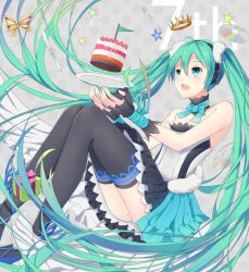 Rule 34 | 1girl, 7th dragon, 7th dragon (series), 7th dragon 2020, cake, crown, food, fork, foxbird, gift, green eyes, green hair, hatsune miku, headphones, knife, long hair, matching hair/eyes, open mouth, sitting, skirt, solo, star (symbol), thighhighs, twintails, very long hair, vocaloid