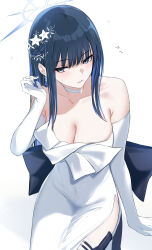 Rule 34 | 1girl, absurdres, bare shoulders, bee doushi, blue archive, blue eyes, blue hair, breasts, choker, cleavage, commentary request, dress, elbow gloves, gloves, highres, long hair, looking at viewer, open mouth, saori (blue archive), saori (dress) (blue archive), side slit, simple background, solo, strapless, strapless dress, very long hair, white background, white choker, white dress