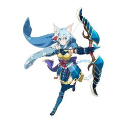 Rule 34 | 10s, 1girl, alternate costume, animal ears, armor, armpits, arrow (projectile), blue eyes, blue gloves, blue hair, bow (weapon), cat ears, cat tail, drawing bow, full body, gloves, hair ornament, highres, holding, holding bow (weapon), holding weapon, japanese armor, matching hair/eyes, official art, simple background, sinon, sinon (sao-alo), solo, sword art online, sword art online: code register, tail, weapon, white background