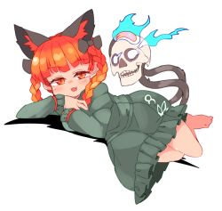 Rule 34 | 1girl, animal ears, blue fire, bow, braid, cat ears, cat tail, dress, extra ears, fangs, fire, flaming skull, green dress, hair bow, ini (inunabe00), kaenbyou rin, long hair, long sleeves, looking at viewer, lying, multiple tails, on side, open mouth, red eyes, red hair, simple background, skull, slit pupils, smile, solo, tail, touhou, twin braids, white background